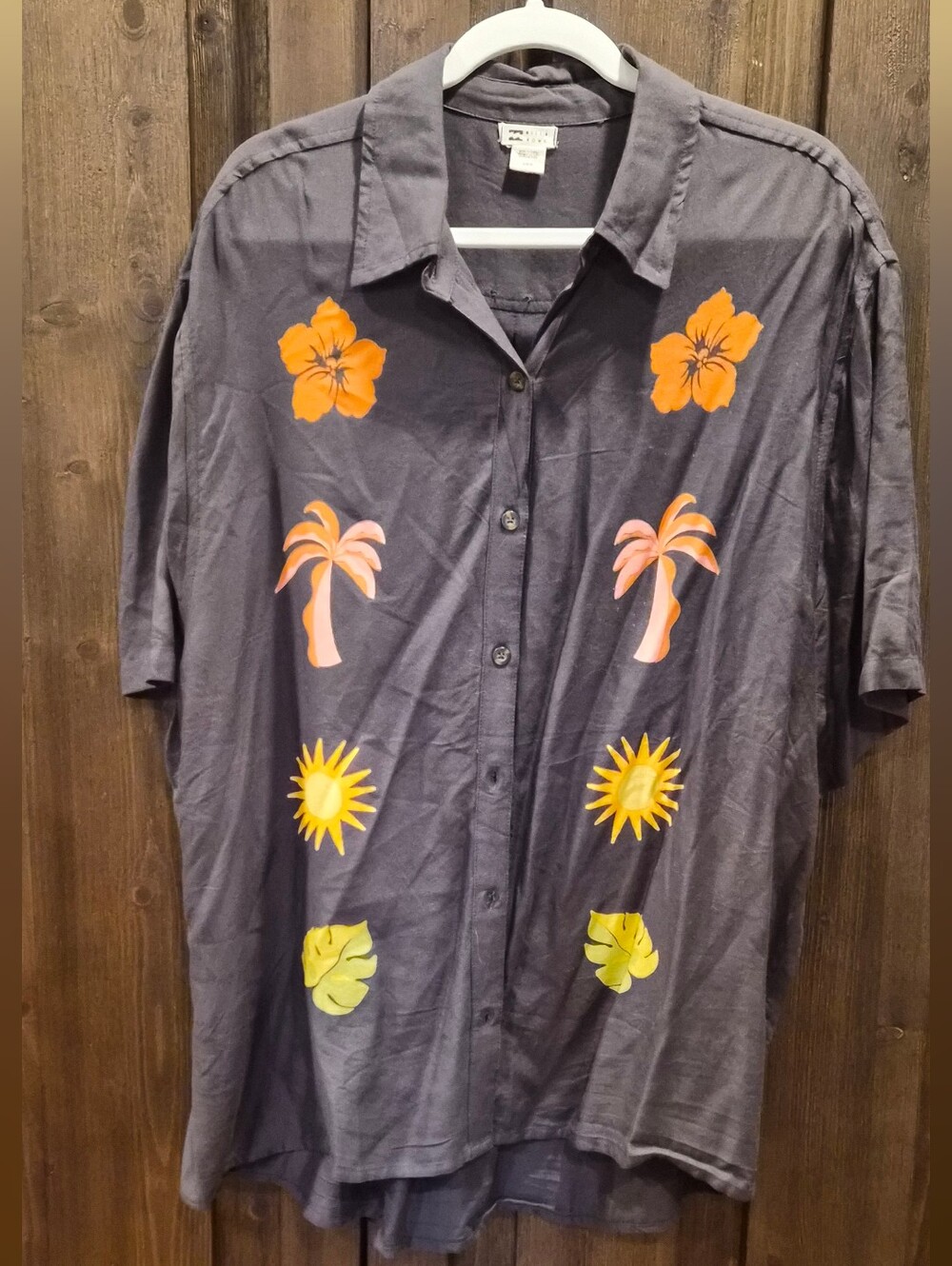 Billabong Lt Black Short-Sleeve Button-Up with Orange & Yellow Tropical Motifs
